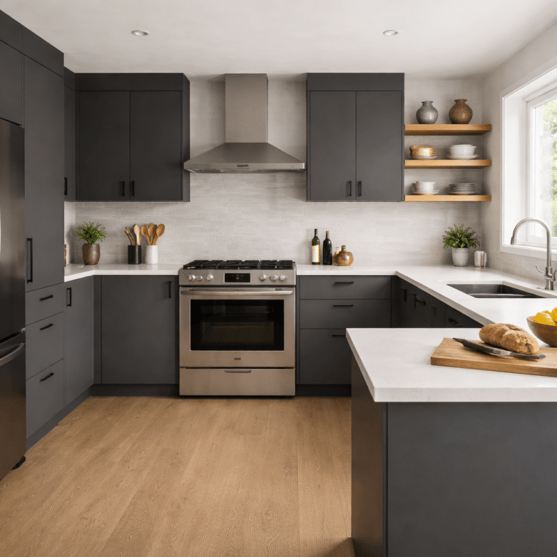 Mat mutfak dolabı modeli, modern koyu renk mutfak dolabı tasarımı