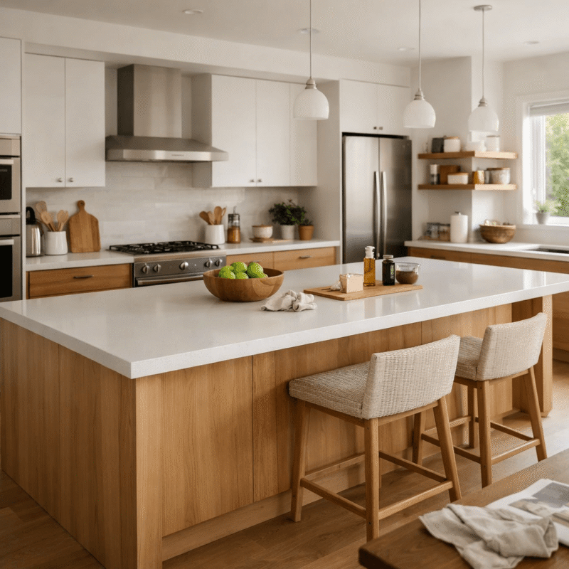Modern mutfak dolabı modeli, beyaz ve ahşap kombinasyon, İstanbul özel ölçü mutfak dolabı